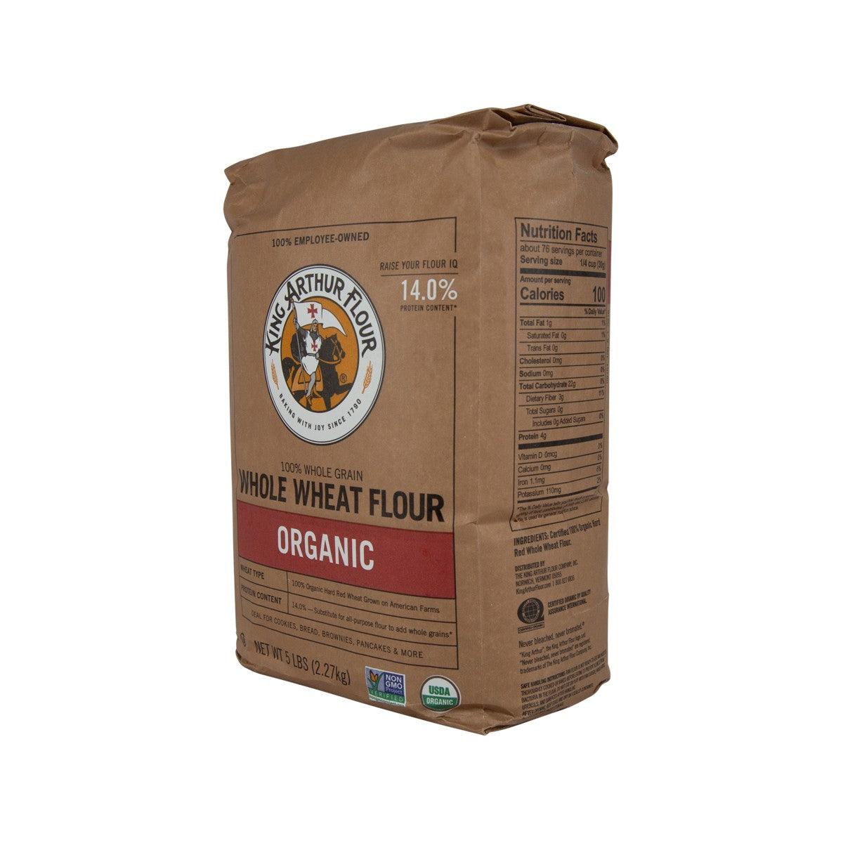 KING ARTHUR Organic whole wheat flour bag, 2.27 kg, side view with nutrition panel