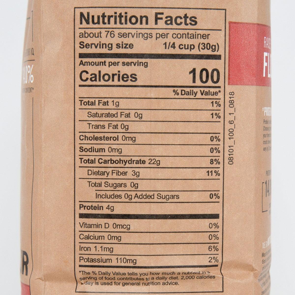 Nutrition Facts close-up for KING ARTHUR Organic whole wheat flour, 1/4 cup (30 g)