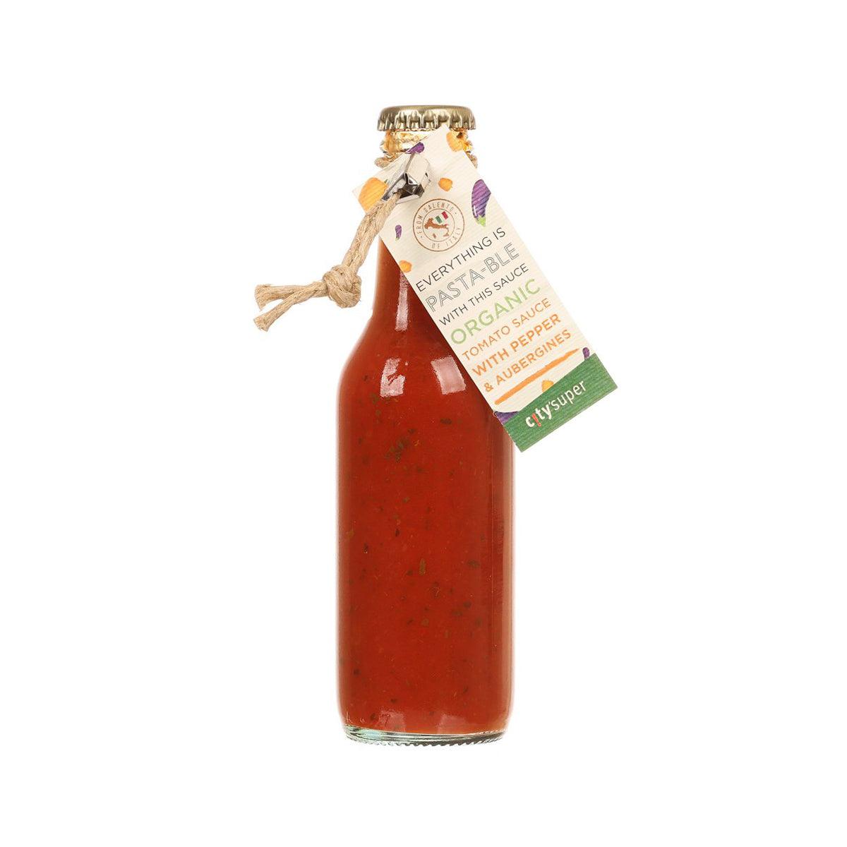 Organic tomato sauce bottle, glass with cork cap and tied paper label tag.