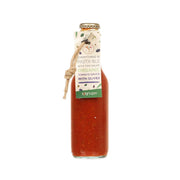 Organic tomato sauce with olives bottle, glass jar with cork-style metal cap