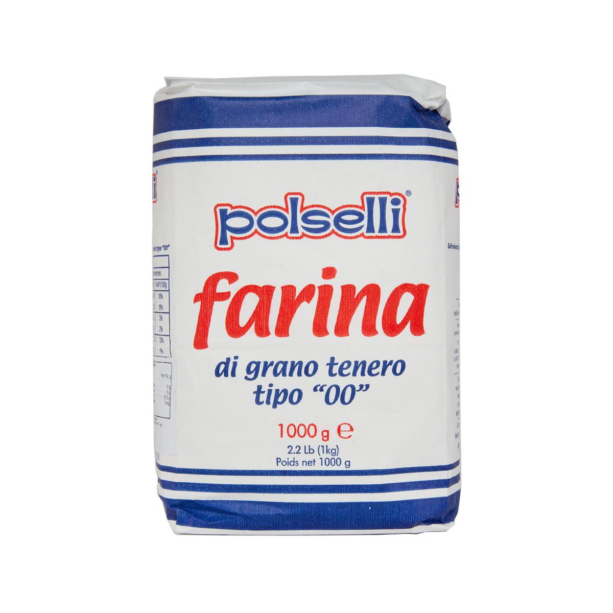 POLSELLI 00 flour bag, white paper with blue stripes and bolselli branding front