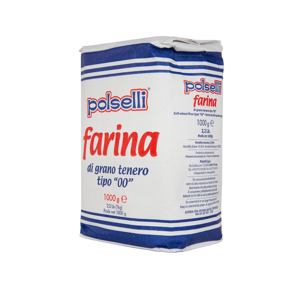 POLSELLI 00 flour bag, white paper with blue stripes and side nutrition panel