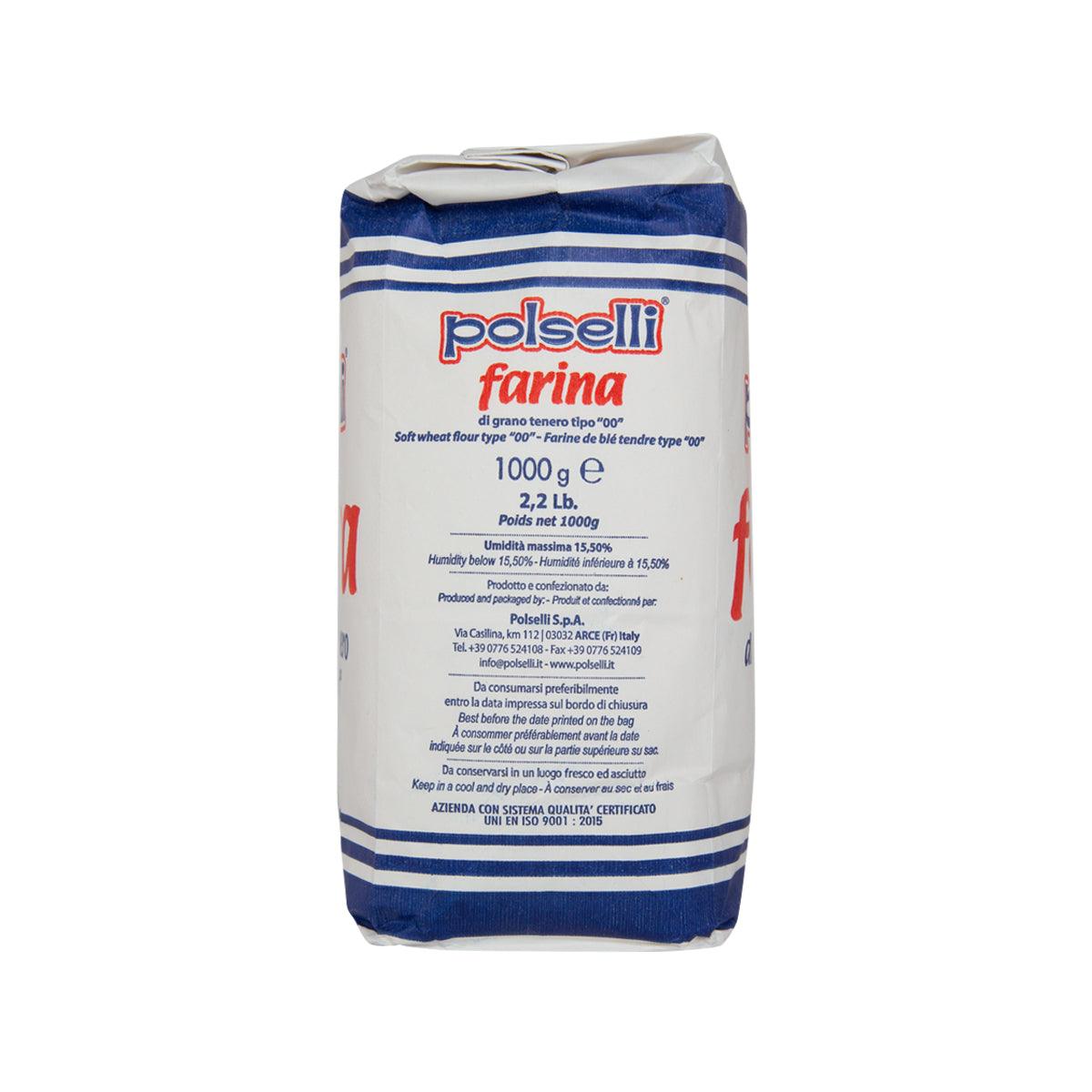 POLSELLI 00 flour bag, back view with ingredient text and blue stripe trim