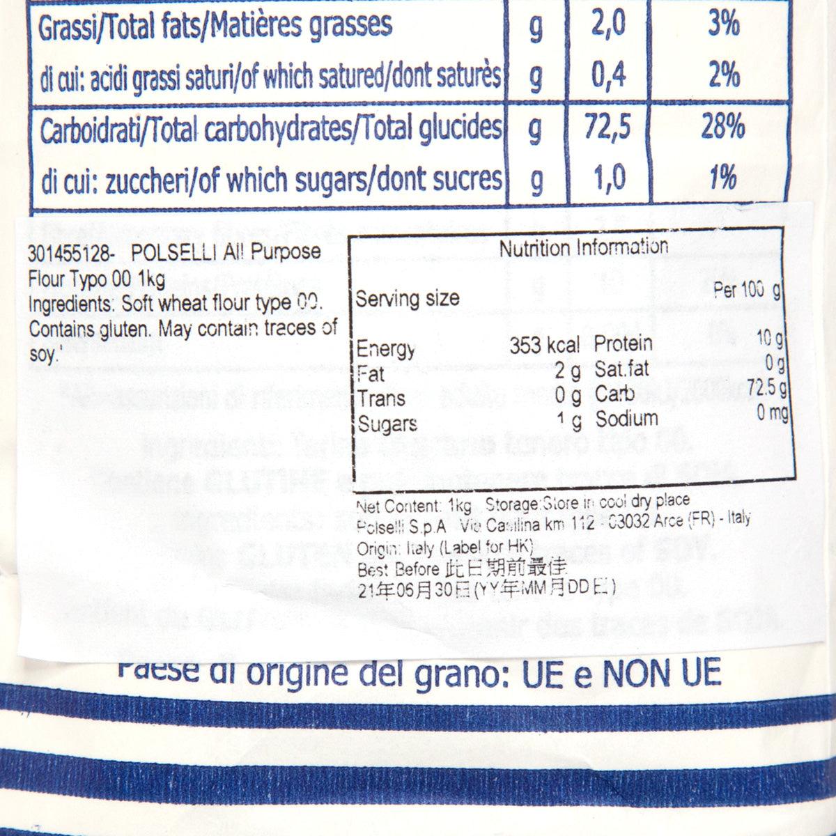 POLSELLI 00 flour nutrition label, close-up table on white paper