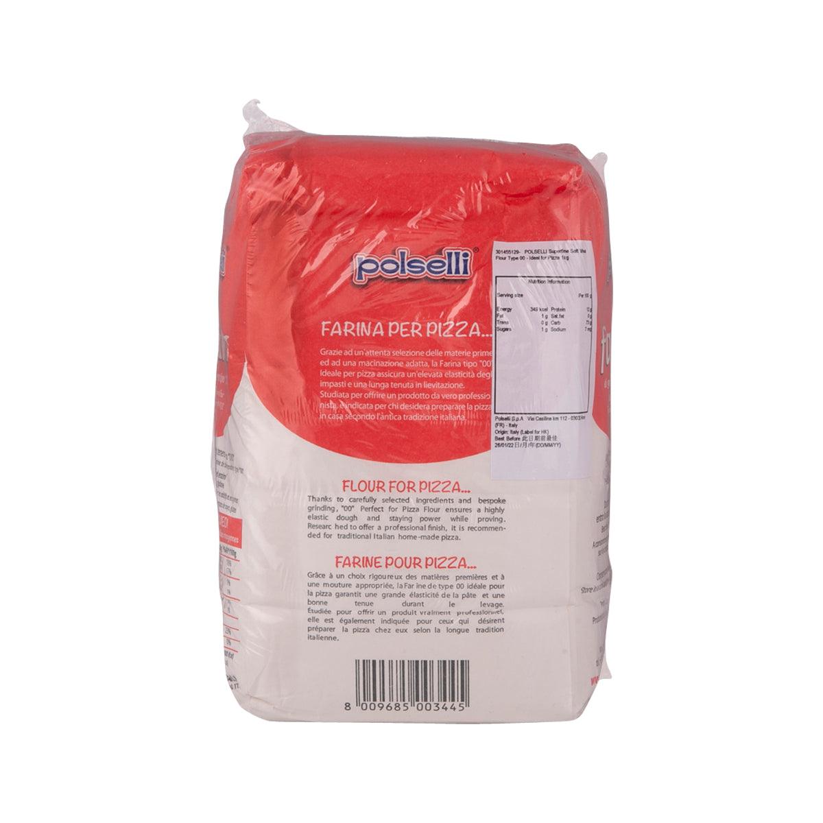 POLSELLI superfine flour bag, back label with ingredients and instructions for pizza