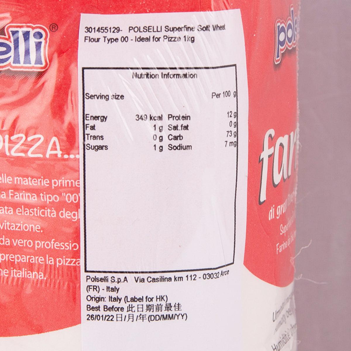 POLSELLI flour nutrition facts label close-up on the bag