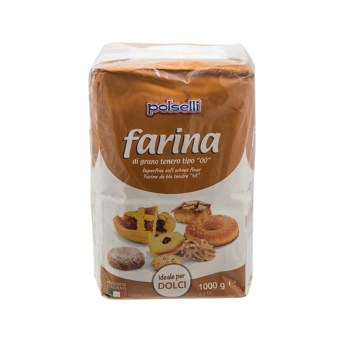 Polselli 00 cake flour bag, 1 kg, brown-and-white packaging with front label