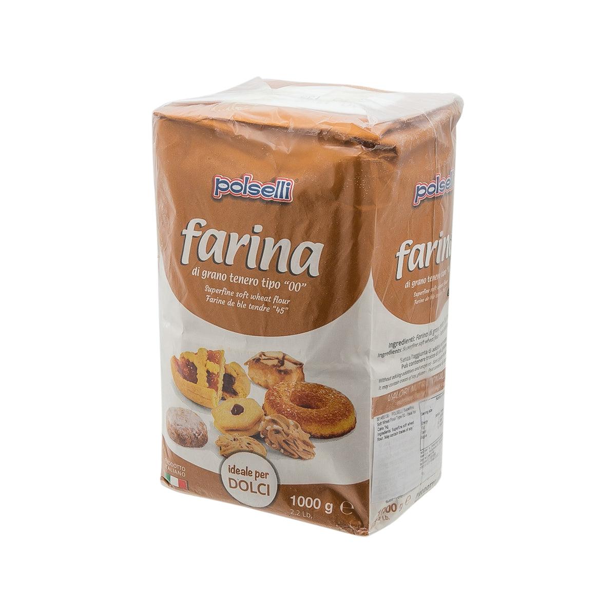 Polselli 00 cake flour bag, 1 kg, side view with farina label