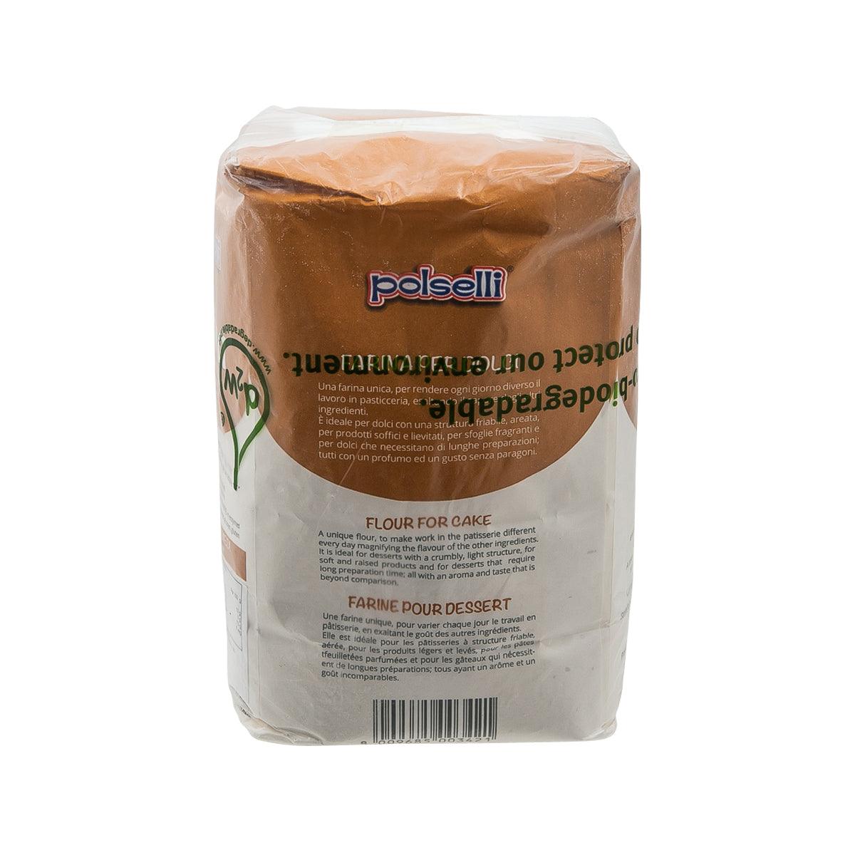 Polselli 00 cake flour bag, 1 kg, back panel with ingredients and barcode