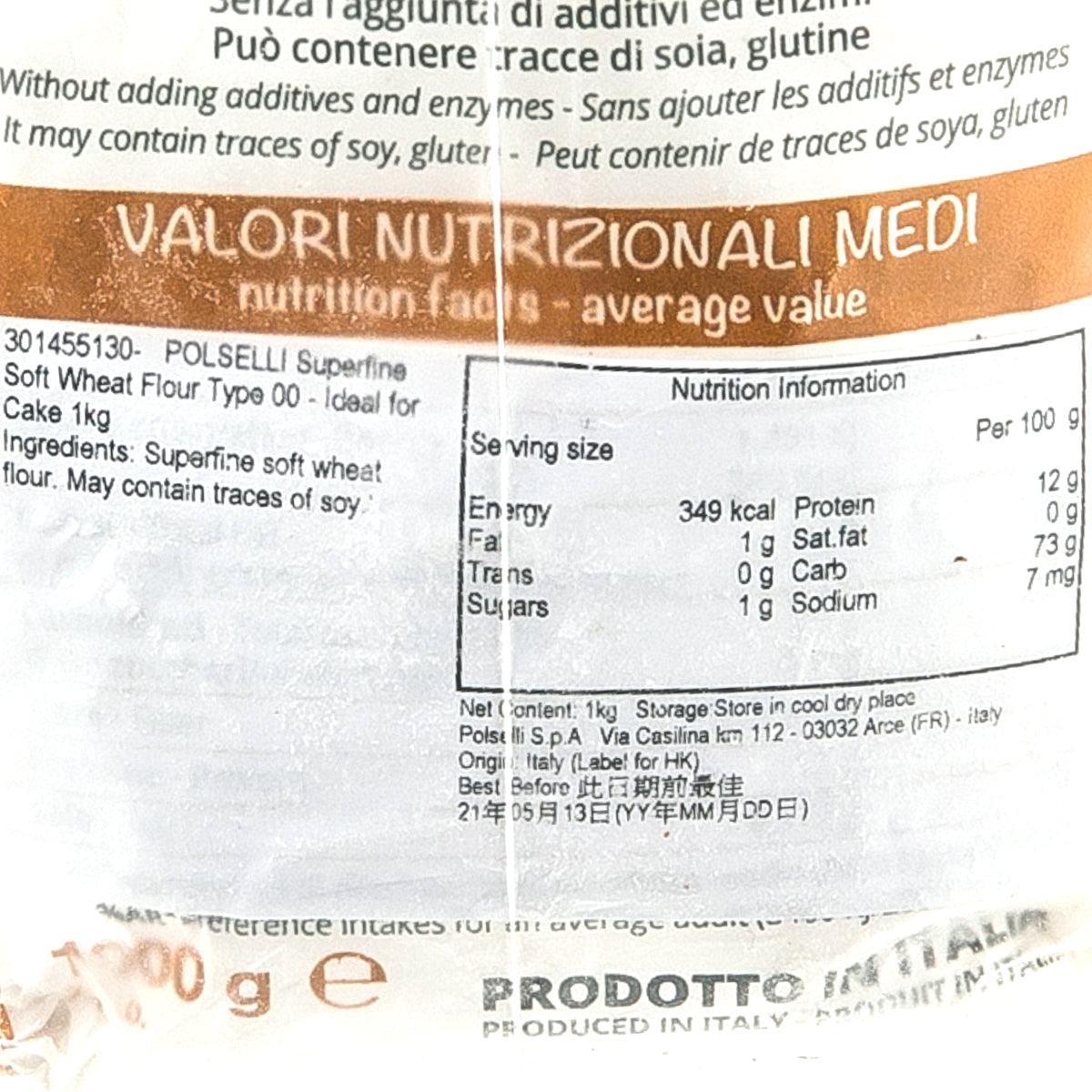 Polselli 00 cake flour nutrition label close-up on 1 kg bag