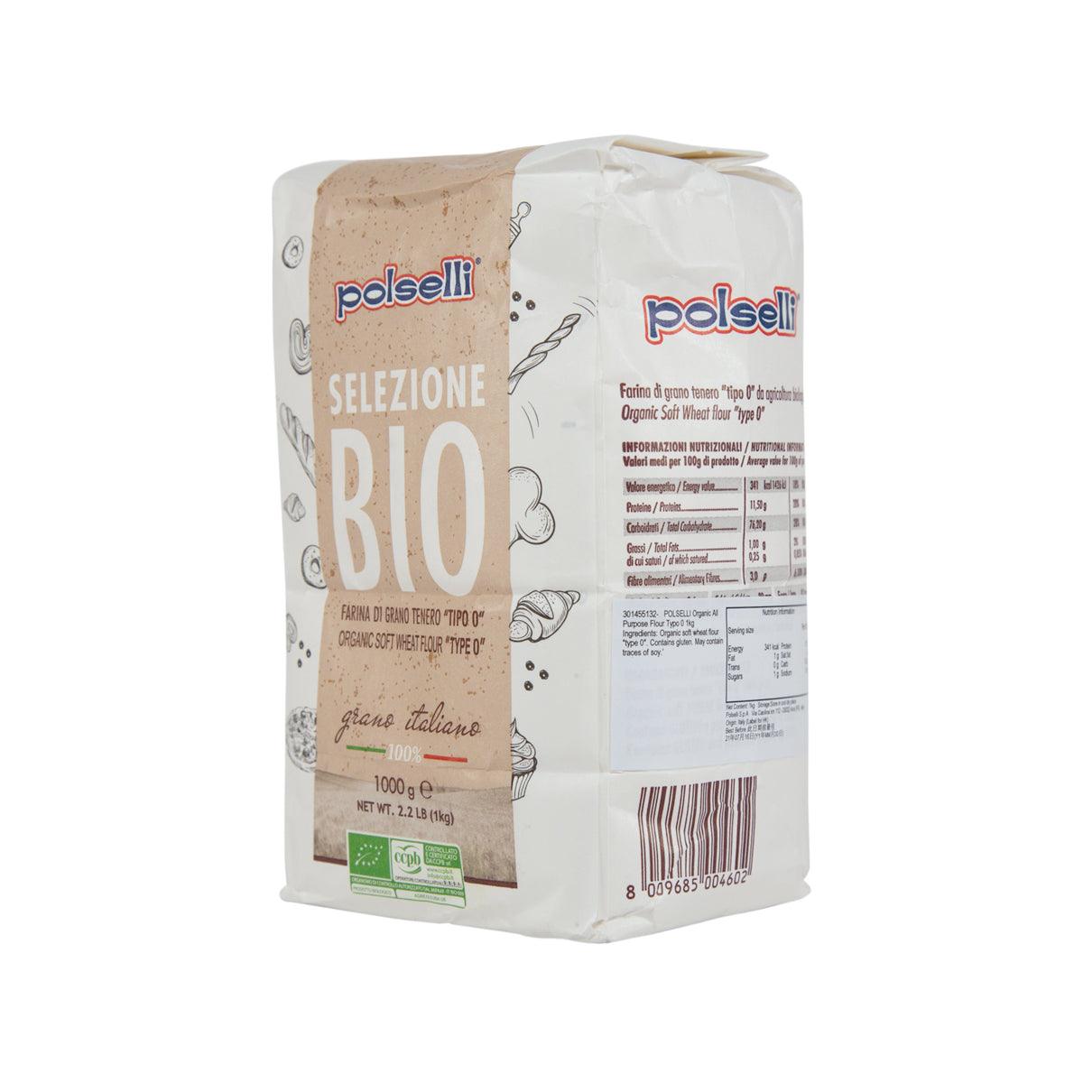 Organic flour bag side view, nutrition panel visible, Polselli Bio, 1 kg
