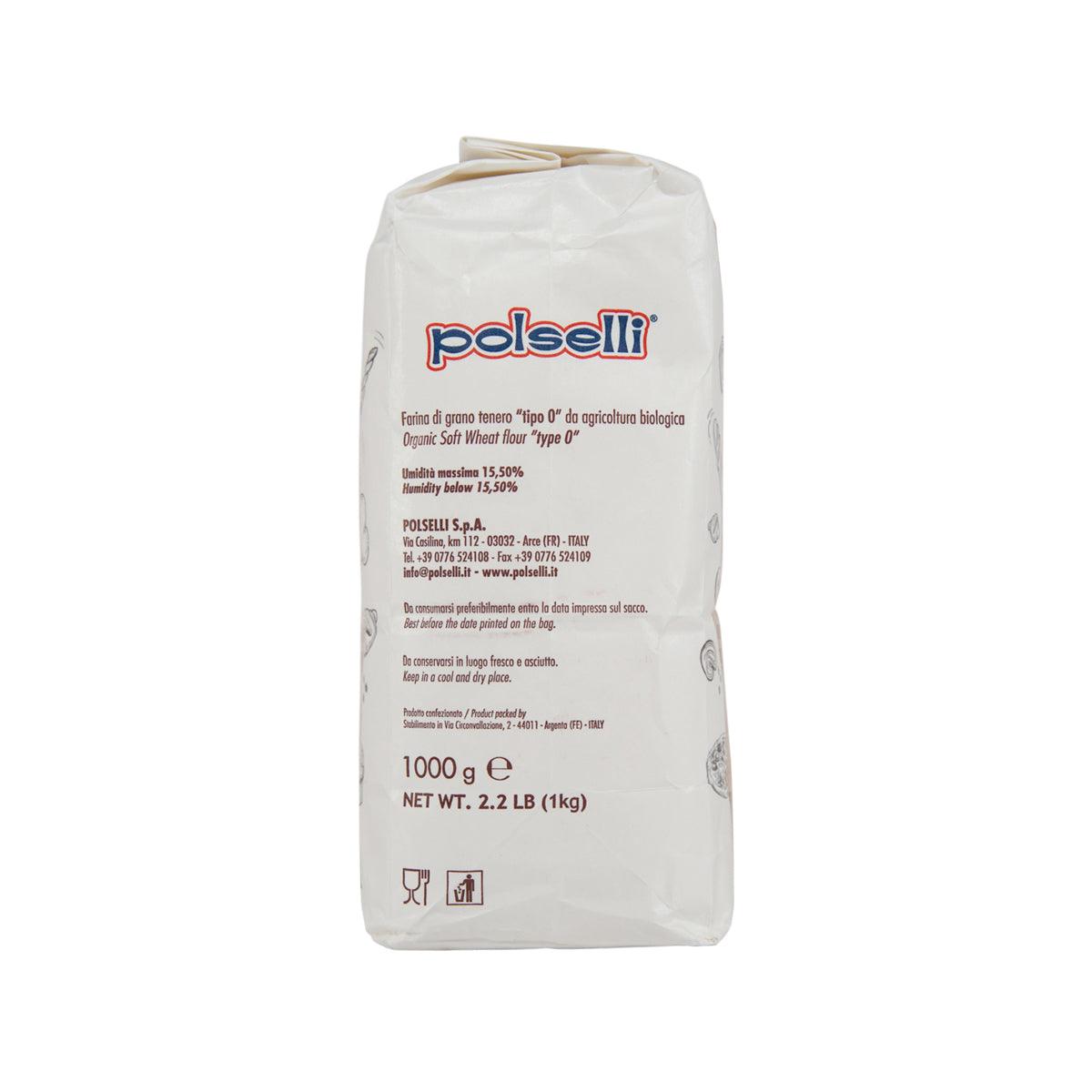 Organic flour bag, back view with label text, Polselli Bio, 1 kg