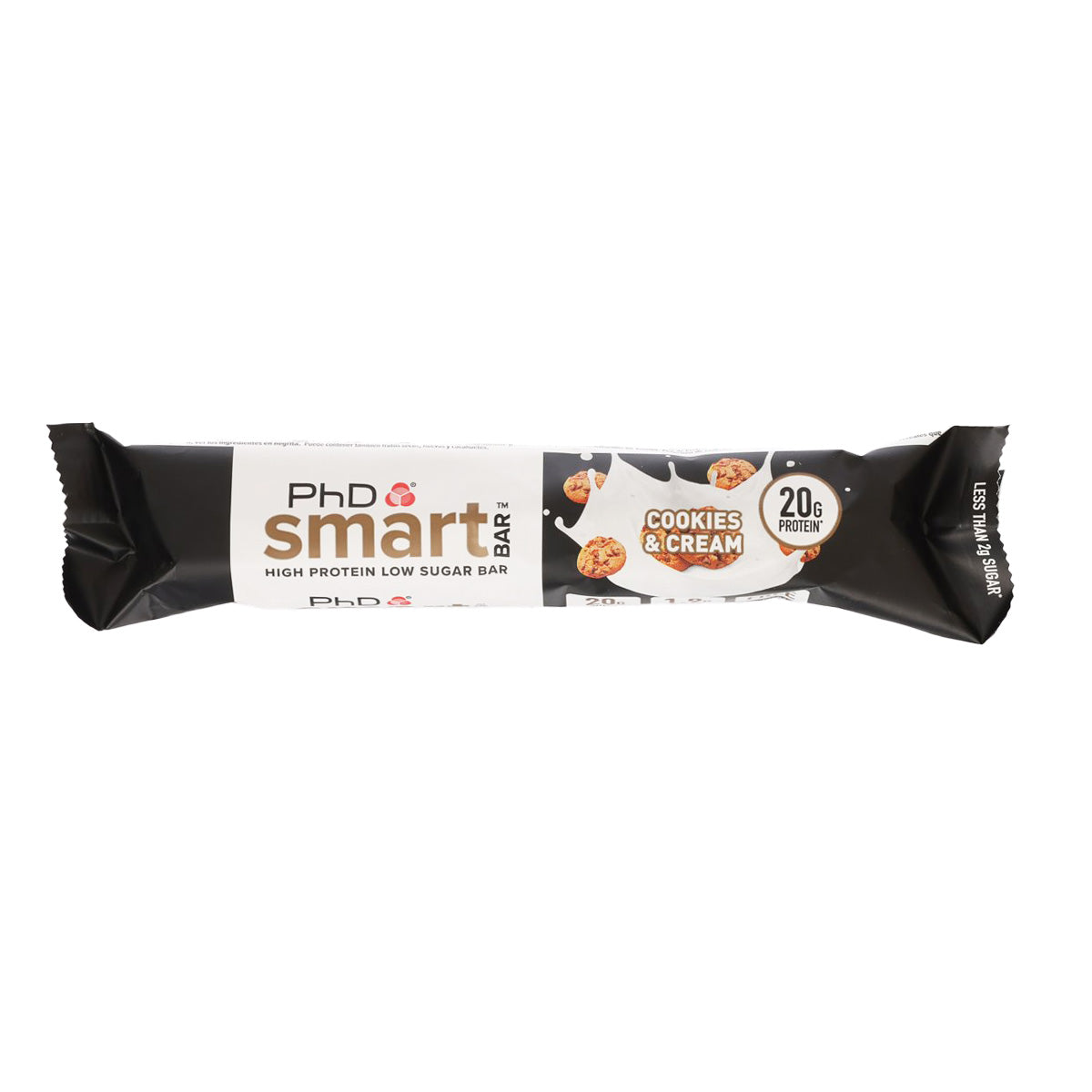 Cookies & cream protein bar in black-and-white wrapper, 64 g