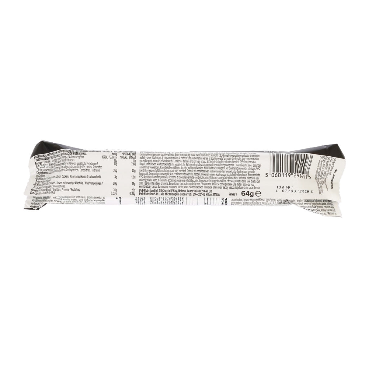 Protein bar wrapper back with barcode and 64 g label