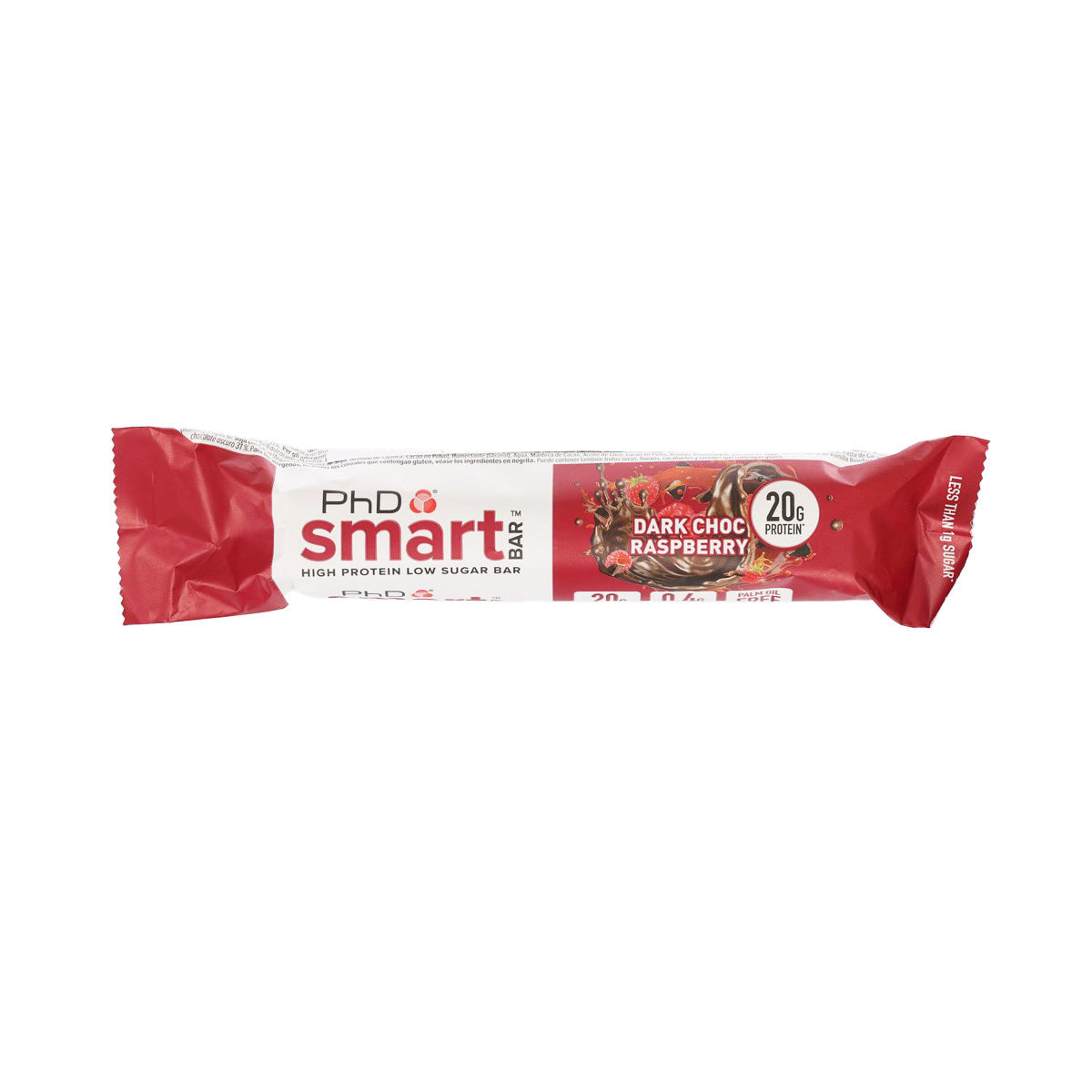 Protein bar wrapper: dark chocolate raspberry, 20g protein, 64g