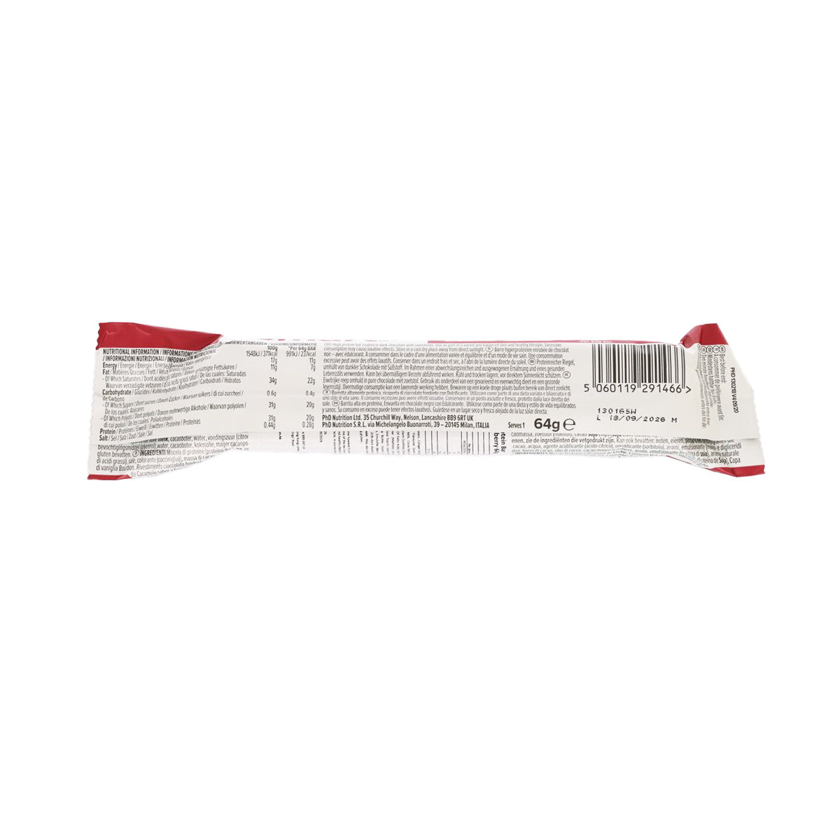 Protein bar wrapper back with nutrition facts and barcode