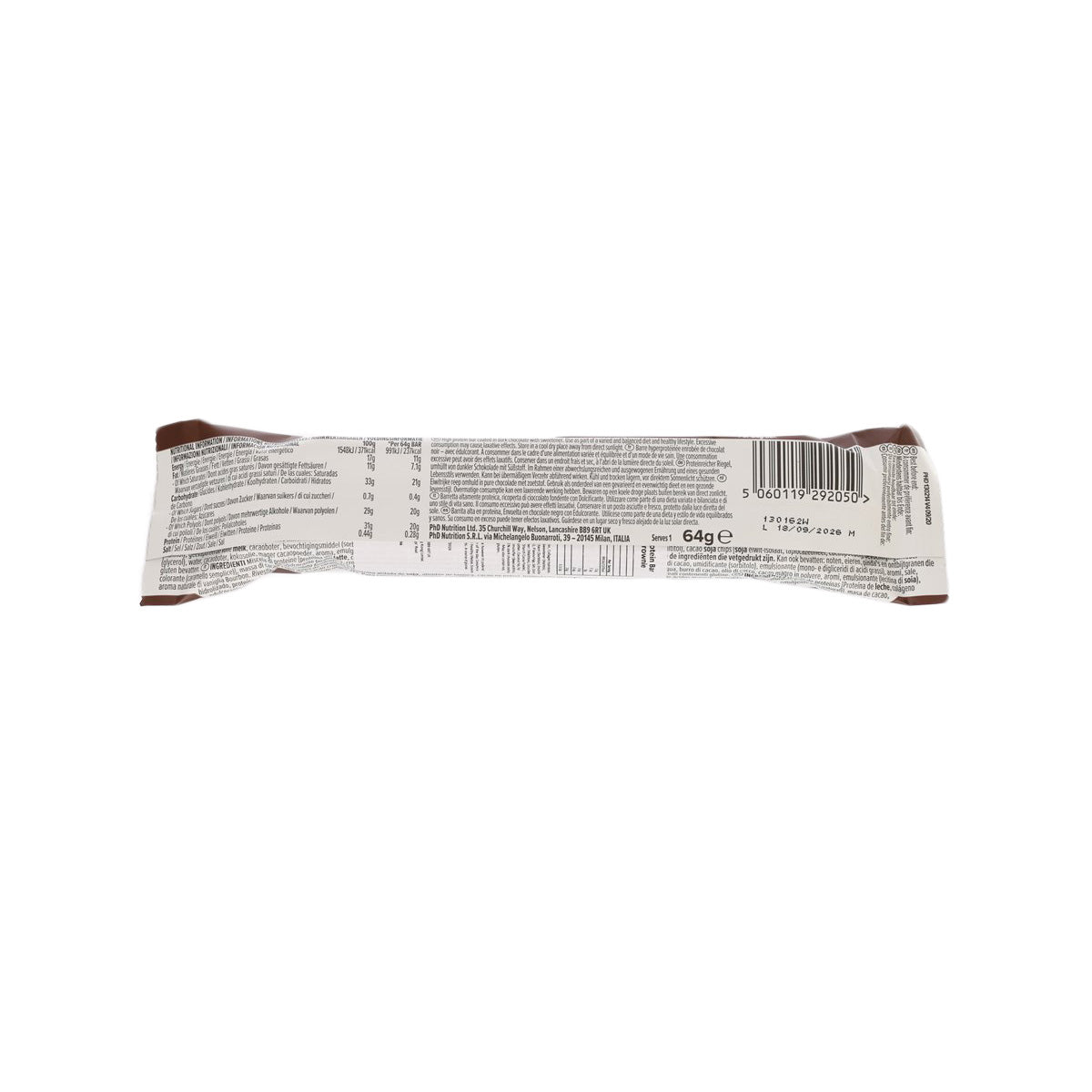 Back of dark chocolate brownie protein bar wrapper with barcode and 64 g weight