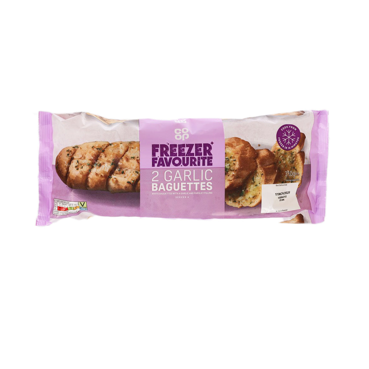 Frozen garlic baguettes package, purple front with baguette images