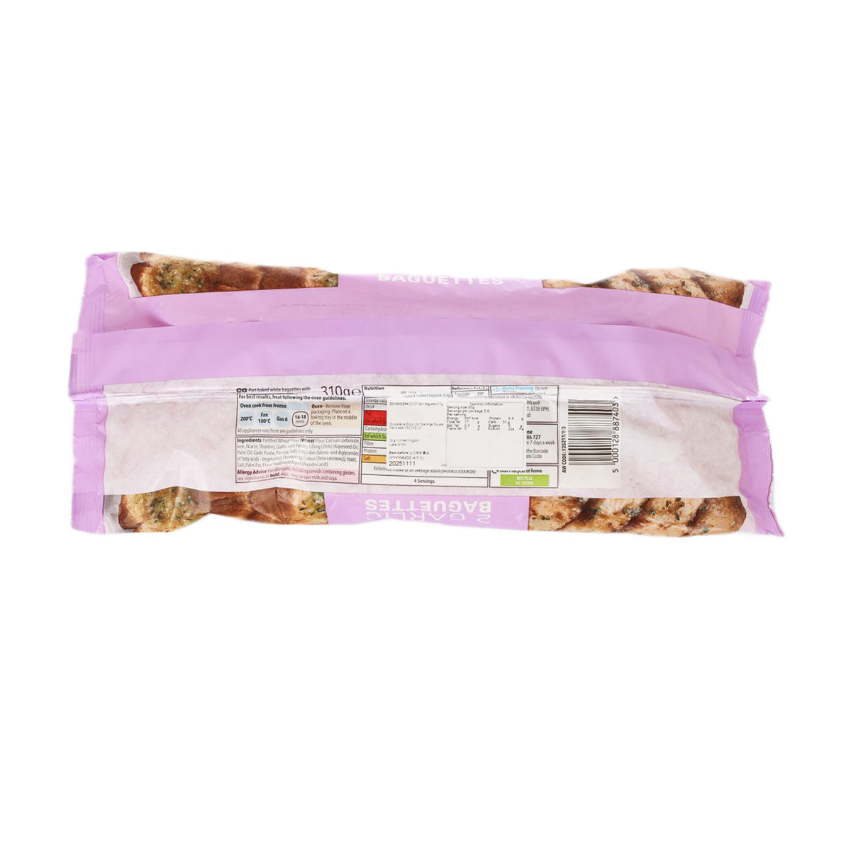 Frozen garlic baguettes package, purple back with barcode and serving details