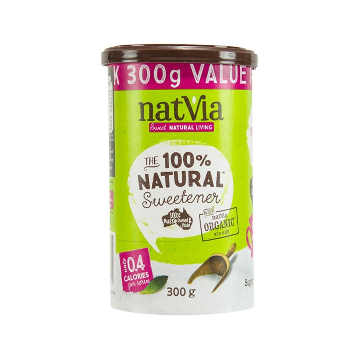 Organic stevia sweetener can, 300g, with green and purple label