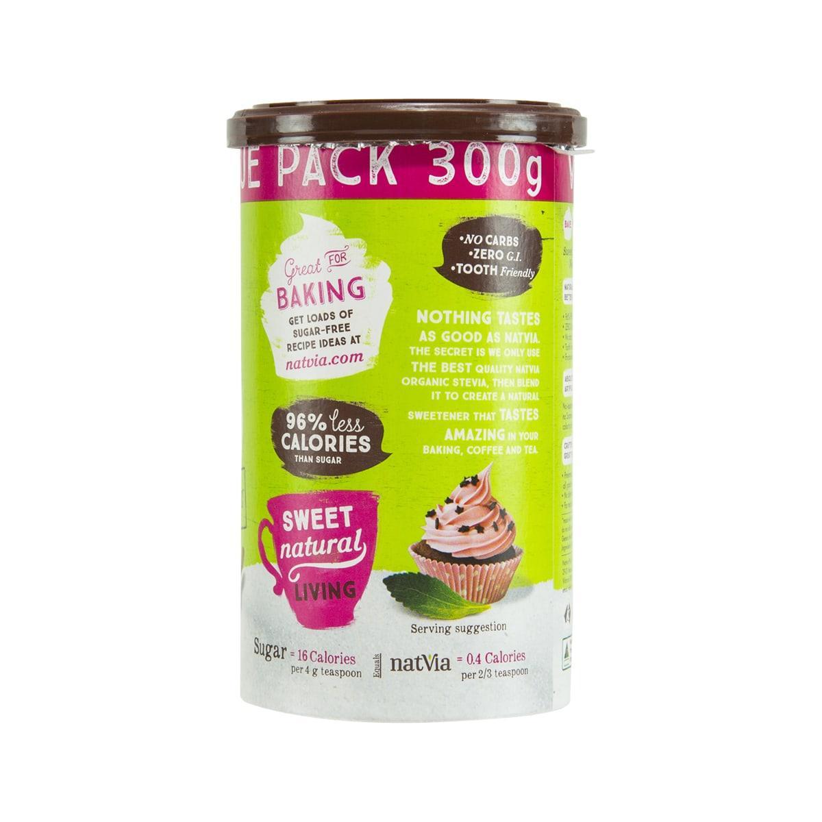 Organic stevia sweetener can back label, green graphics with serving info