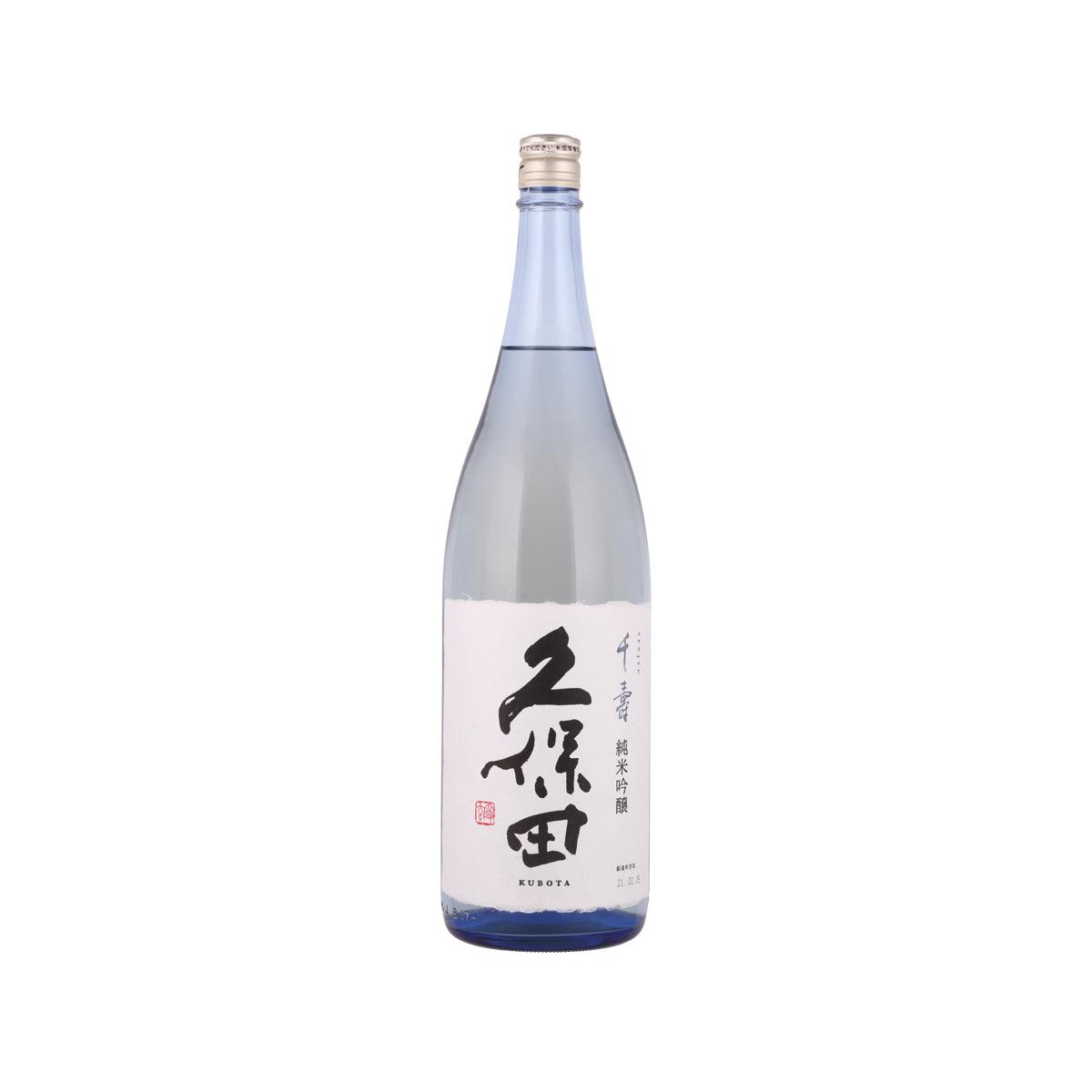 KUBOTA Junmai Ginjo sake bottle, clear glass with blue-tinted base and label