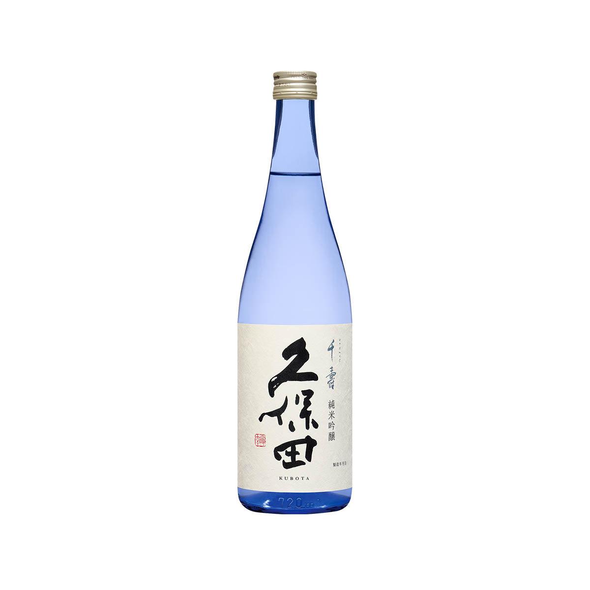 KUBOTA Junmai Ginjo sake bottle with gold screw cap and blue-tinted glass