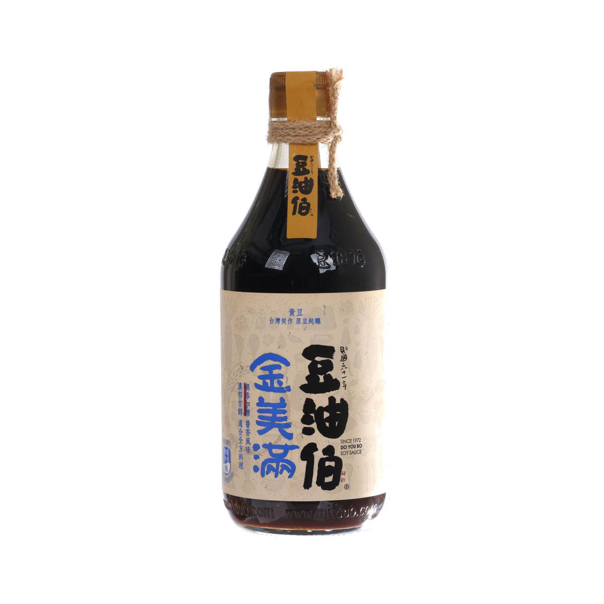 500 mL soy sauce bottle with dark amber liquid and corked glass neck