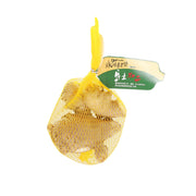 Fresh ginger bulbs in yellow mesh bag with attached label
