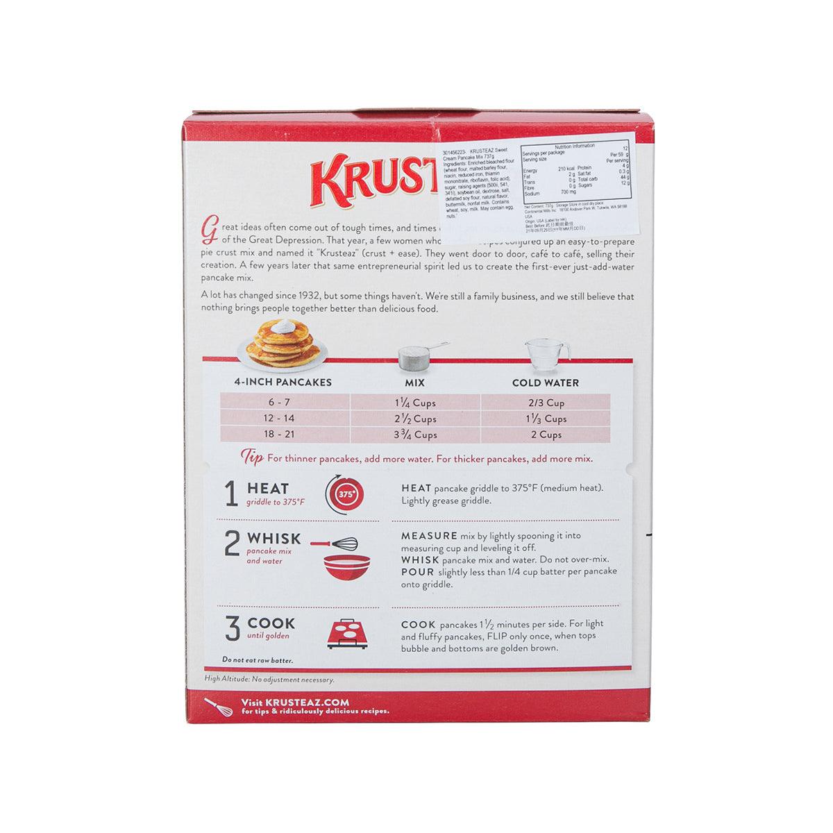 KRUSTEAZ Sweet Cream pancake mix box back with preparation instructions