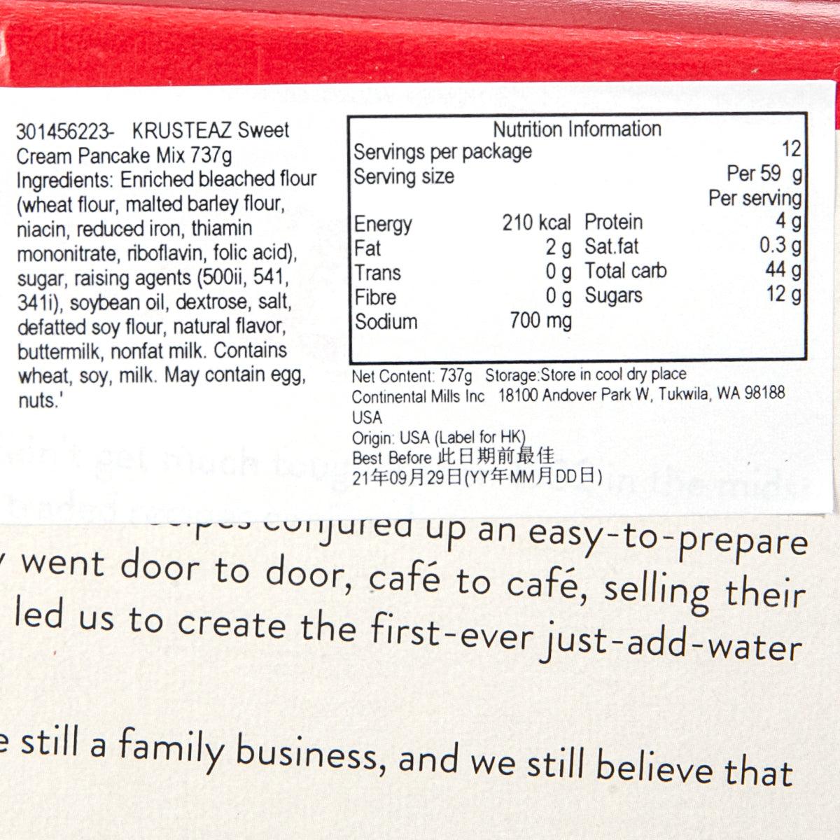 Ingredients and nutrition info panel for KRUSTEAZ Sweet Cream complete pancake mix