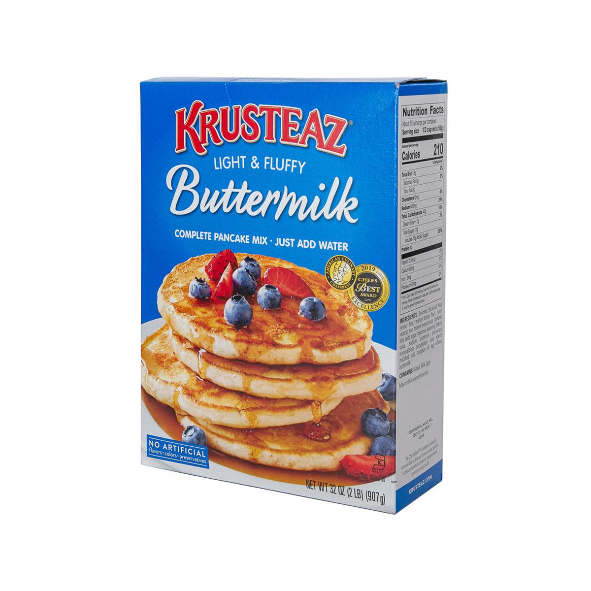 KRUSTEAZ Buttermilk pancake mix box with nutrition facts panel, just add water