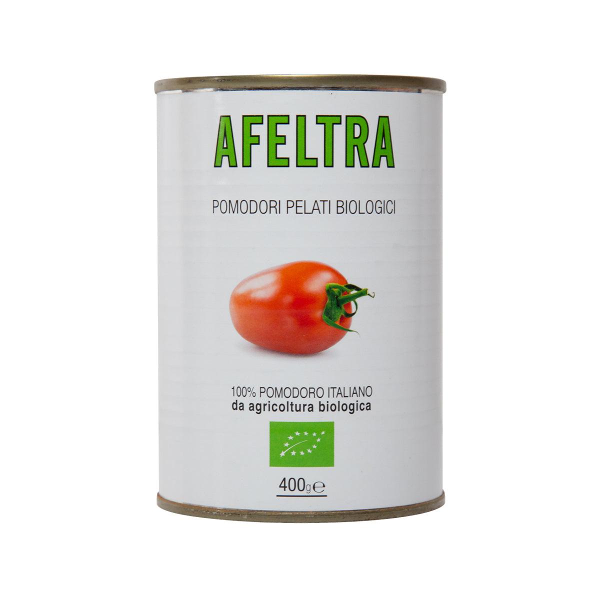 Organic plum tomatoes can with AFELTRA brand front label and tomato illustration