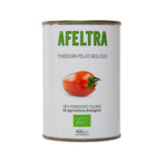 Organic plum tomatoes can with AFELTRA brand front label and tomato illustration