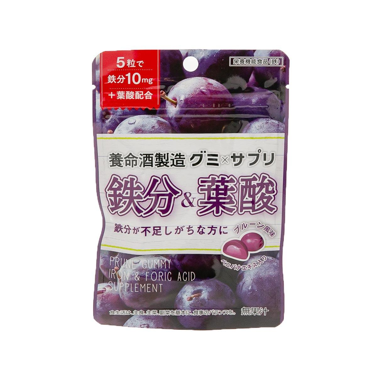 Prune gummy supplement pouch, iron & folic acid front label in purple
