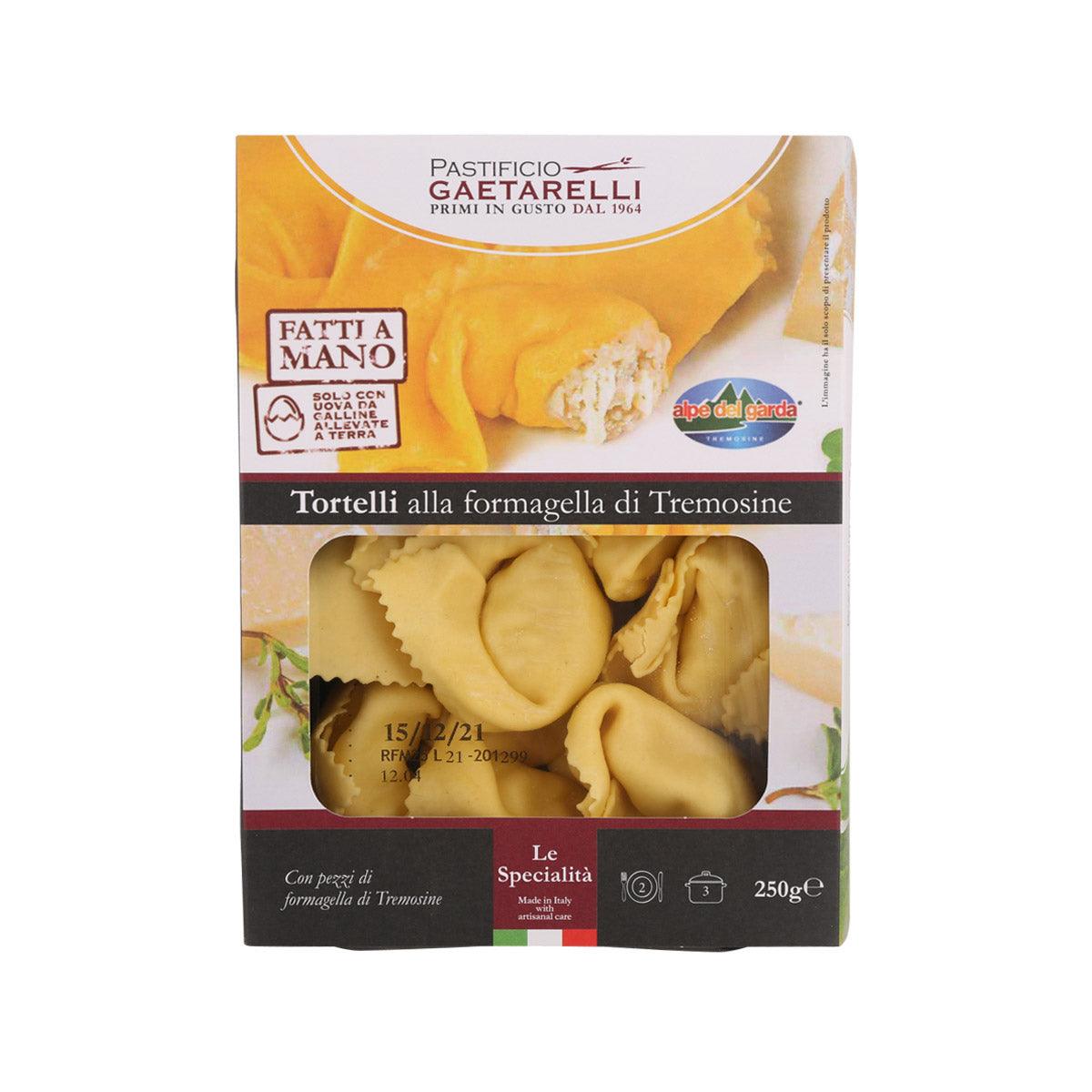 Handmade fresh tortellini with mixed cheese in sealed retail package, 250g