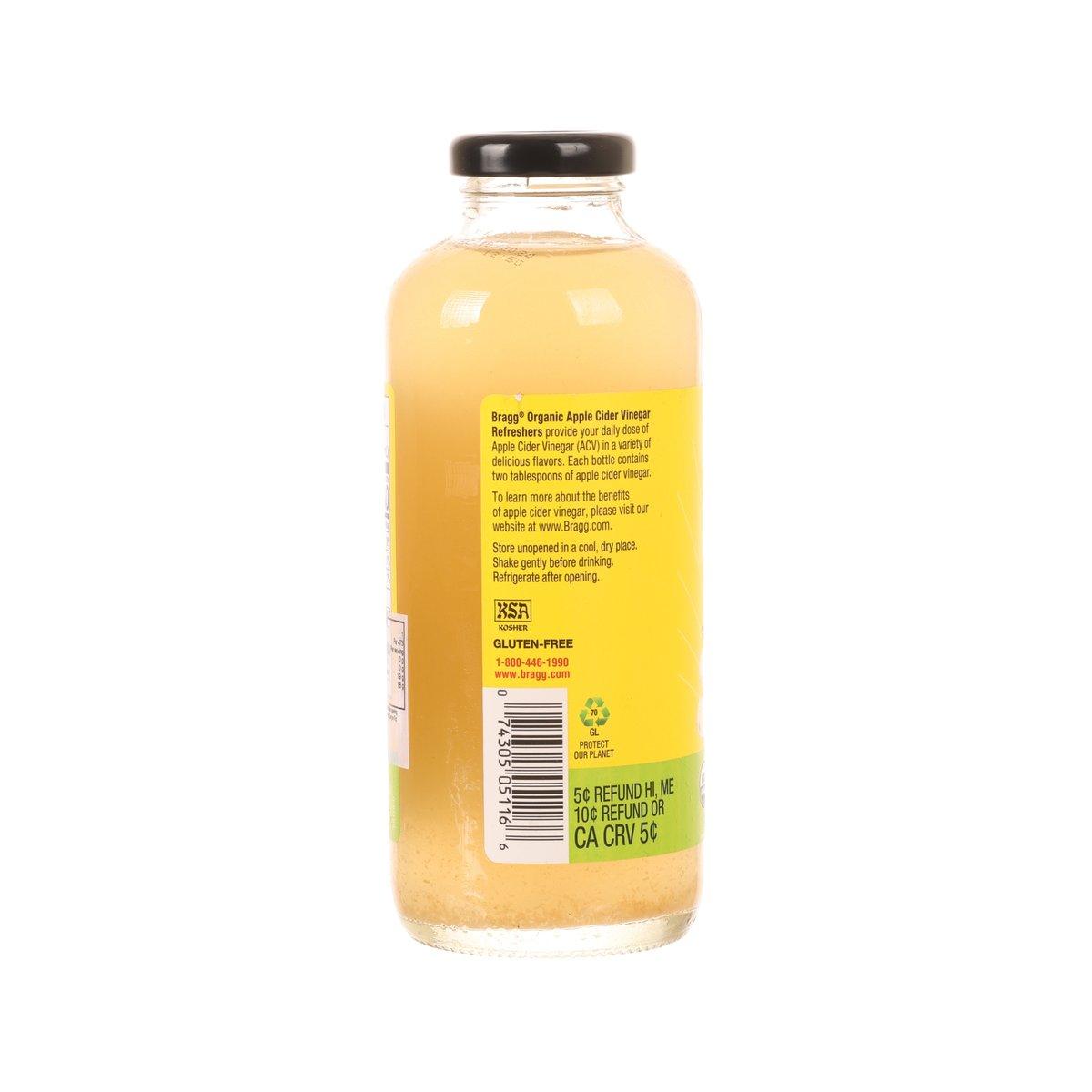 BRAGG organic apple cider vinegar refresher bottle, ingredient and barcode label