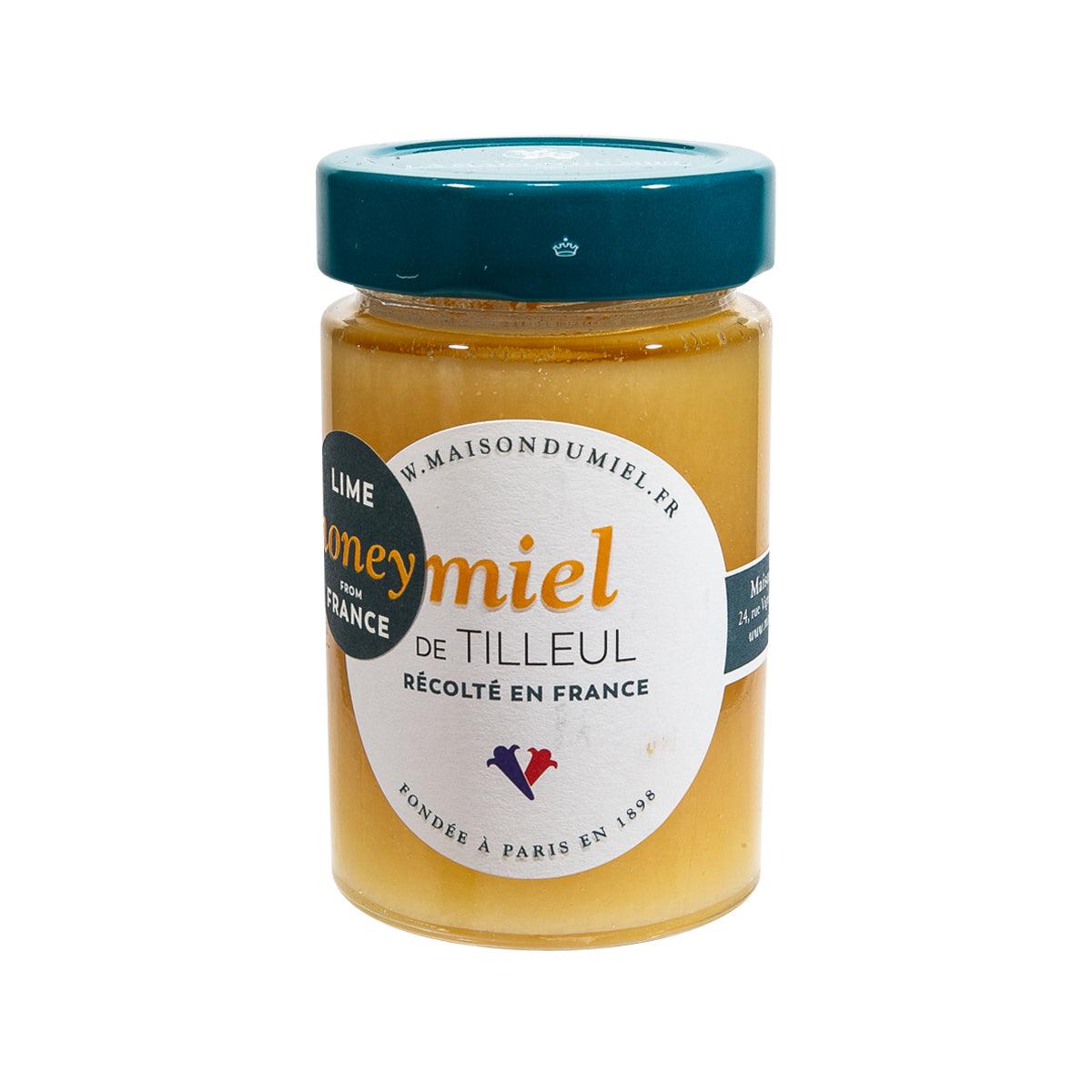 MAISONDUMIEL honey jar with lime and linden blossom; amber honey, blue lid