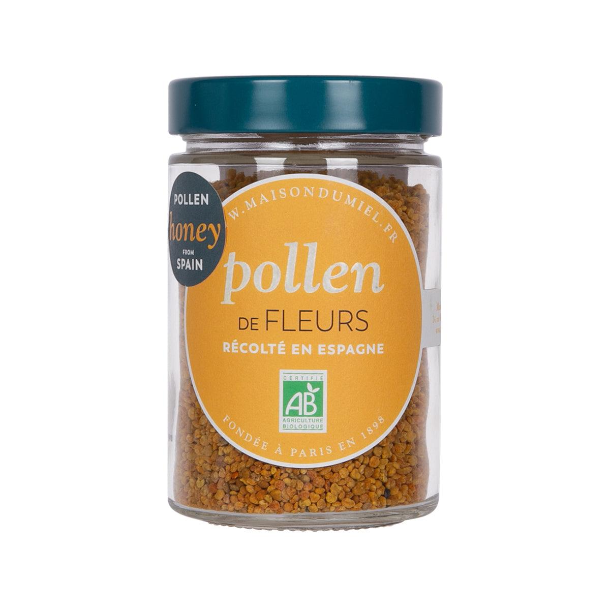 MAISONDUMIEL organic pollen jar with teal lid, visible golden pollen grains