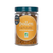 MAISONDUMIEL organic pollen jar with teal lid, visible golden pollen grains