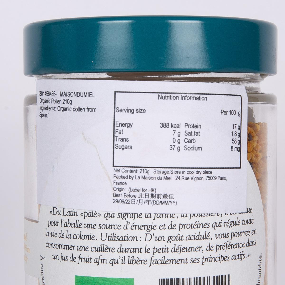 MAISONDUMIEL organic pollen jar back label with nutrition information