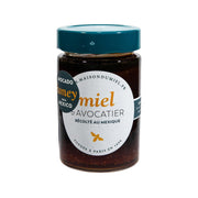 Avocado blossom flower honey jar with teal lid and dark honey label