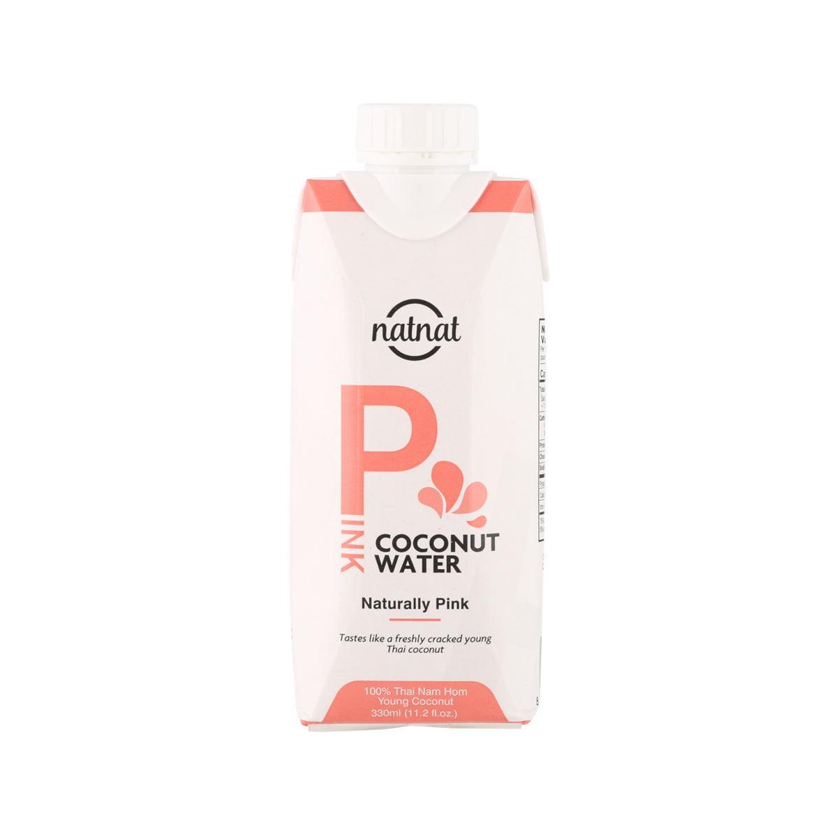 Naturally Pink coconut water carton, 330 mL, front label with NATNAT branding