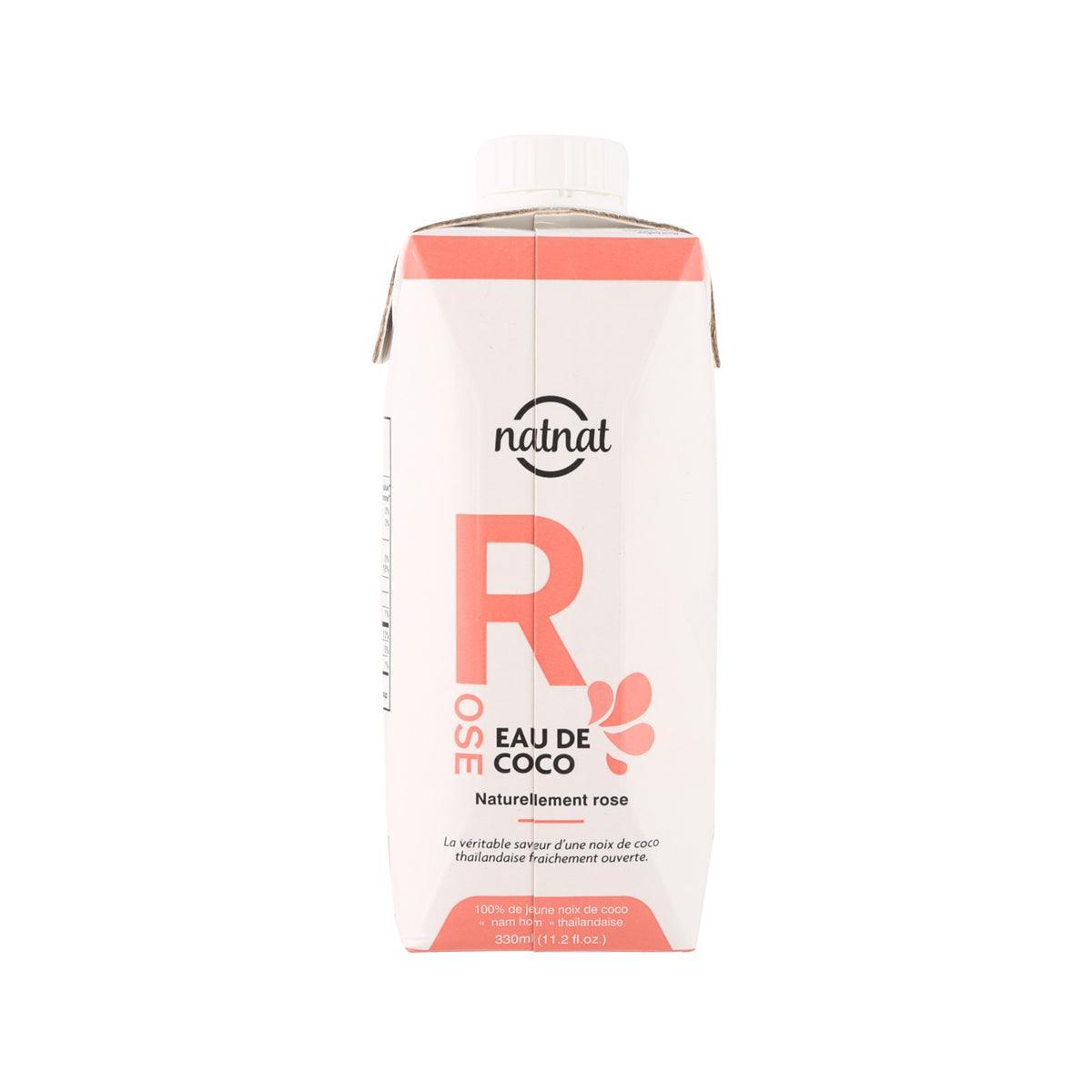 Coconut water carton back label with NATNAT branding, 330 mL