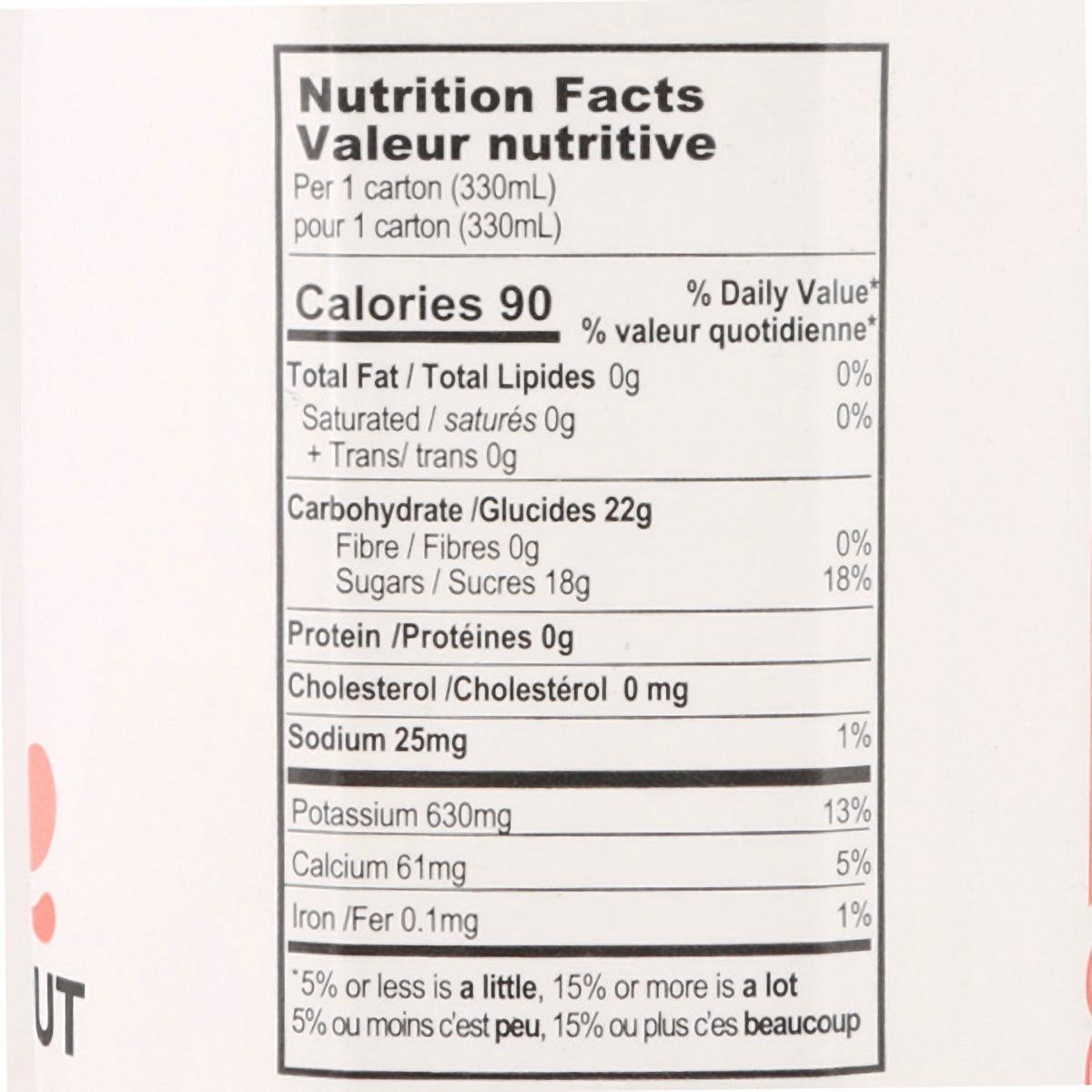 Nutrition Facts panel for 330 mL coconut water with calories and nutrients