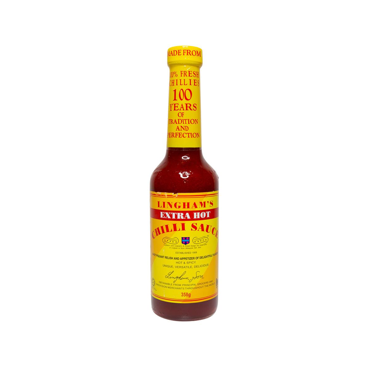 LINGHAM'S extra hot chili sauce bottle, red glass with yellow label, 358g
