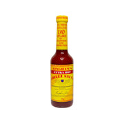 LINGHAM'S extra hot chili sauce bottle, red glass with yellow label, 358g