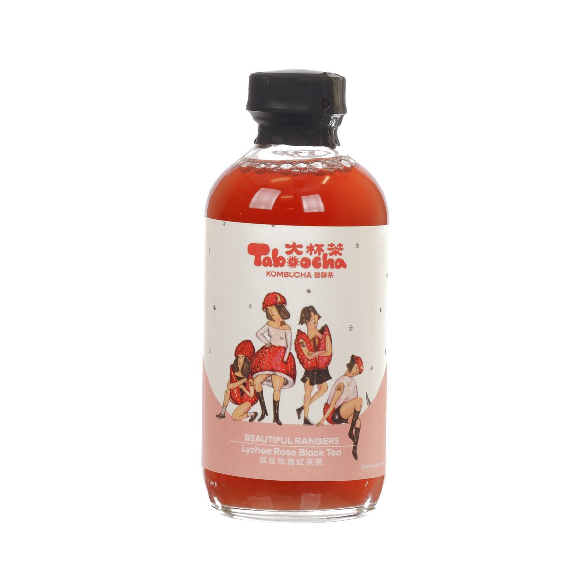 TABOOCHA lychee rose black tea kombucha bottle, red liquid and front label