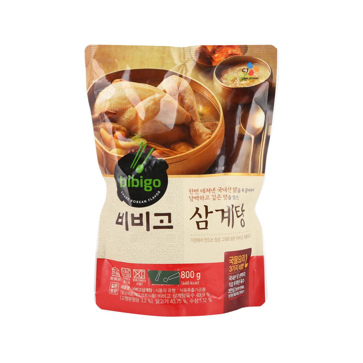 BIBIGO ginseng chicken samgyetang soup pouch, 800g, front label with bowl and ginseng