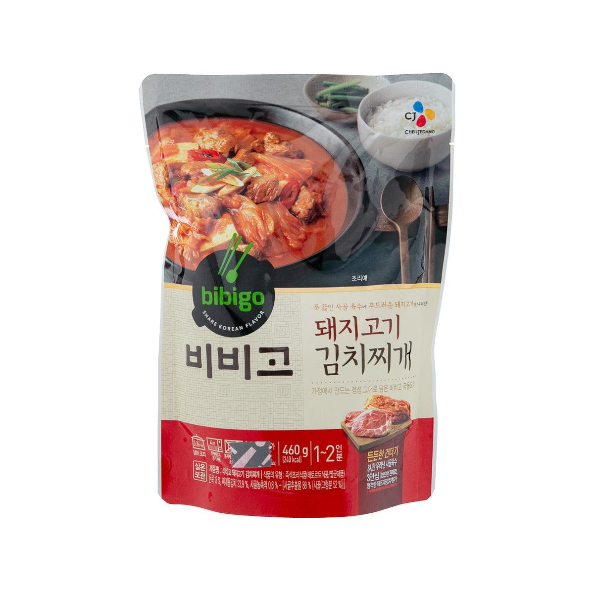 BIBIGO kimchi stew with pork pouch, 460g, front panel with serving bowl graphic